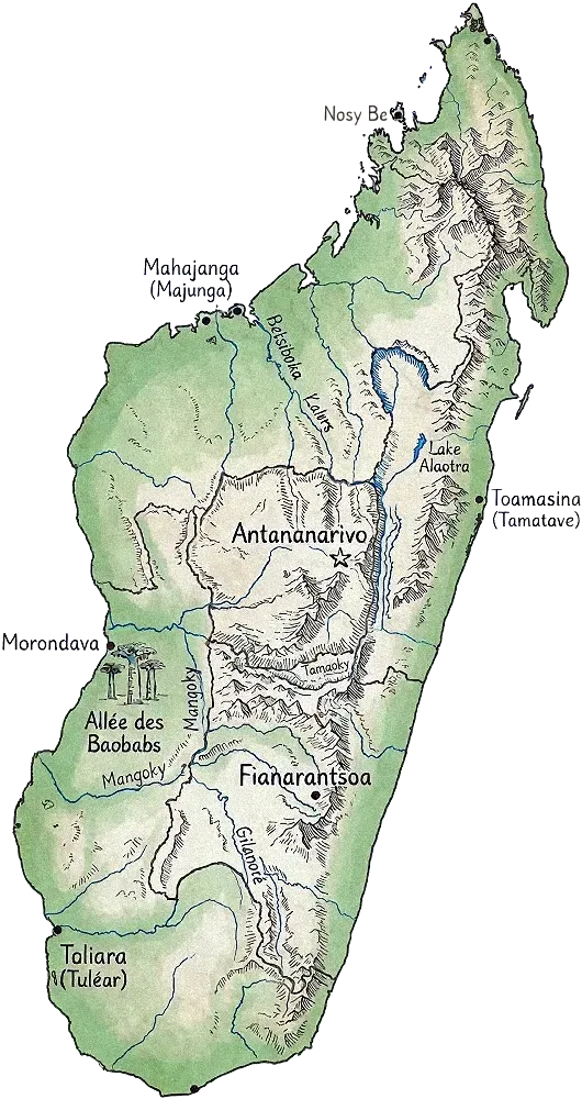 Carte détaillée de Madagascar montrant Antananarivo Fianarantsoa et sites touristiques majeurs